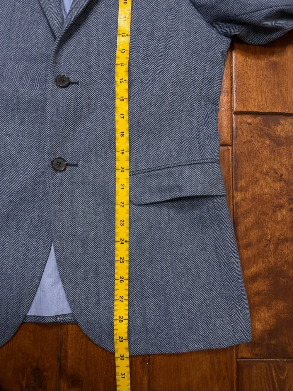 H&M Blue Herringbone Blazer with Brown Elbow Patches Extra fine Wool sz. 38R